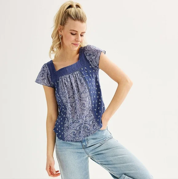 Rewind XS Blue Square Neck Flutter Sleeve Top Boho Paisley Blouse - Picture 1 of 9